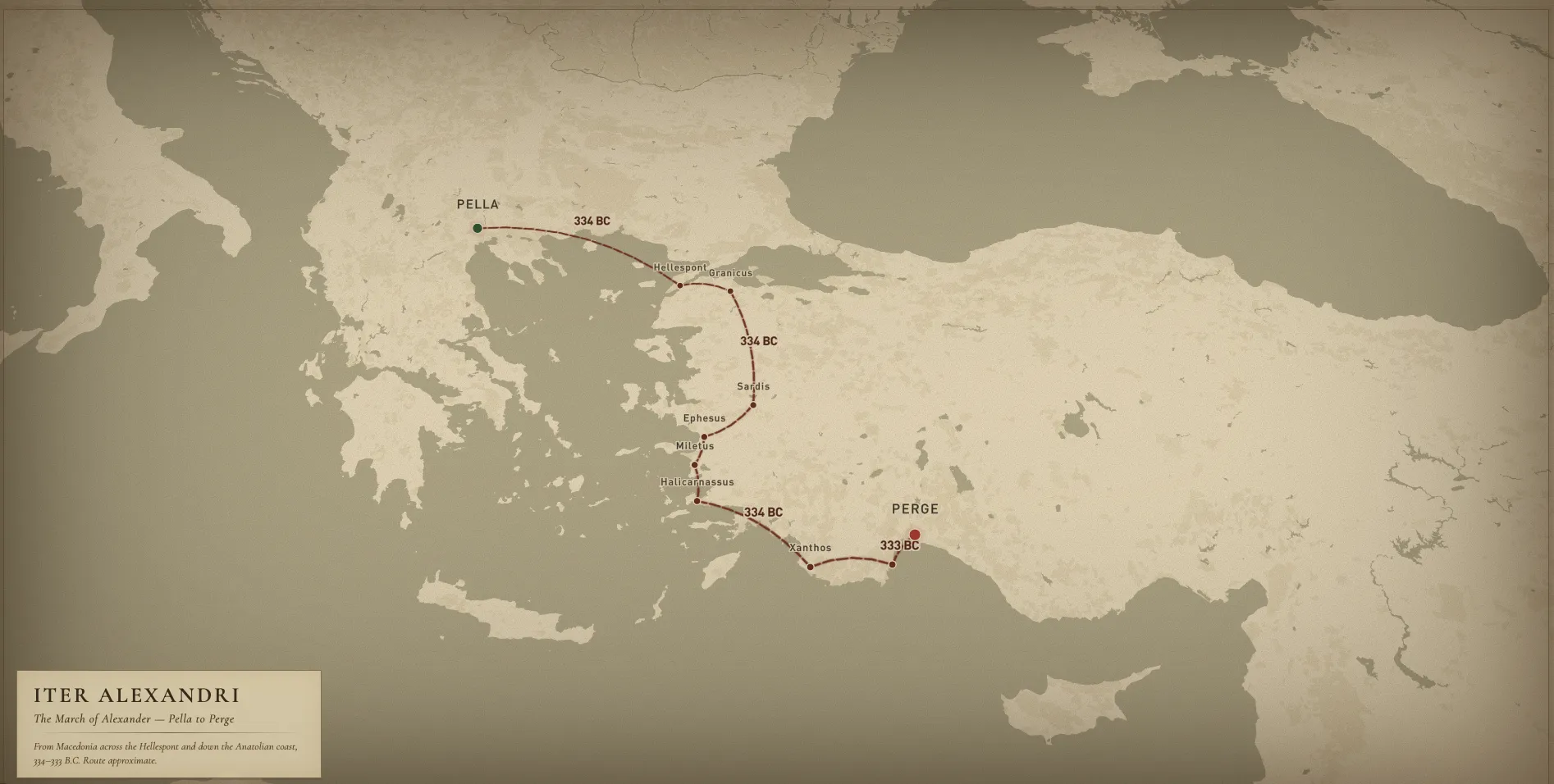 Map showing Alexander the Great's route to Perge