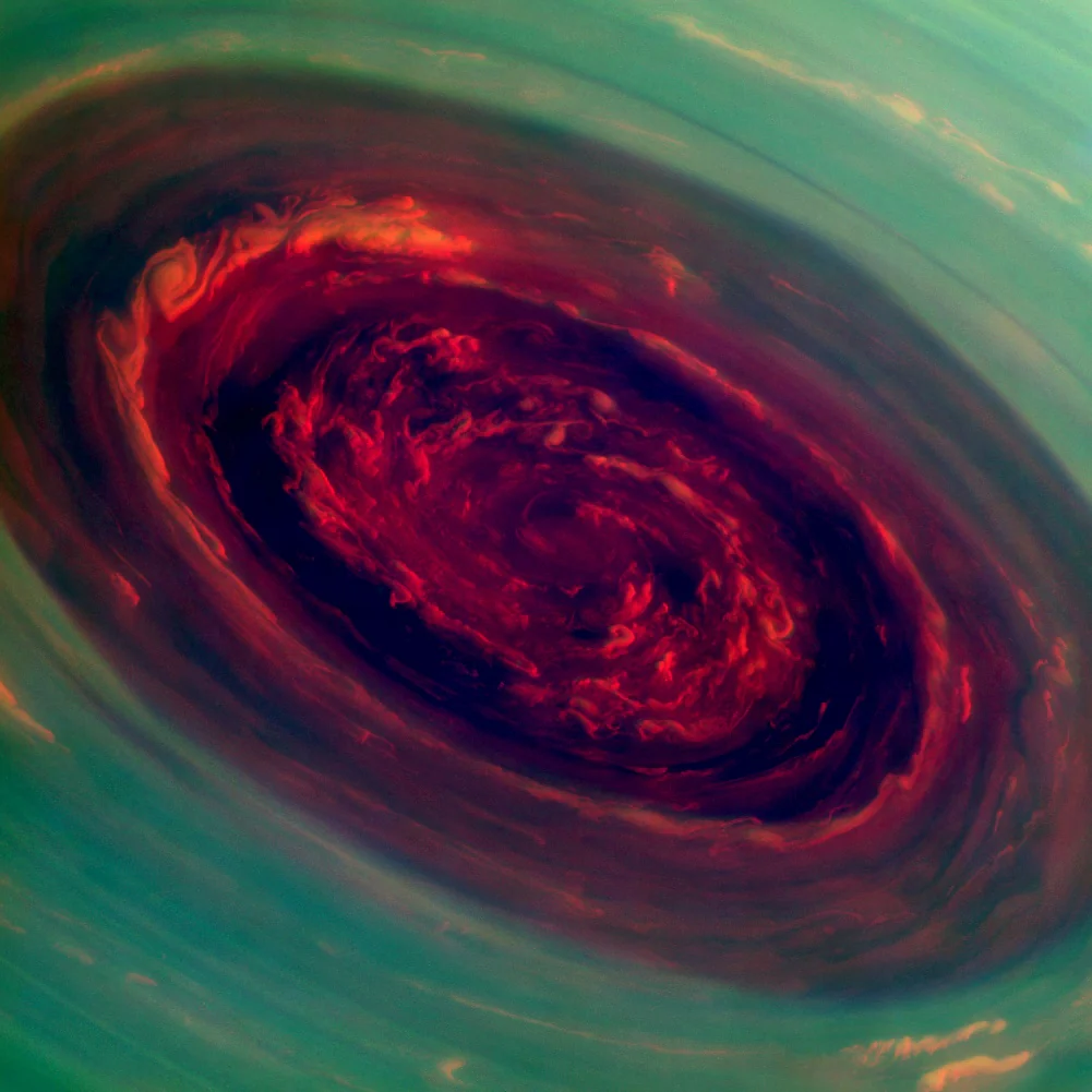 False-color Cassini image of Saturn’s north polar hexagon.